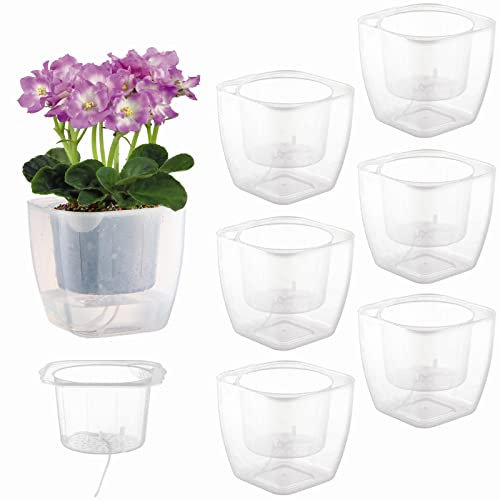 6-Pack Clear Self Watering Planters for Indoor Plants 7 Large African Violet Plant Pots Plastic Wick Flower Pots with Water Injection Hole, Orchid Plant Pot Set, Clear