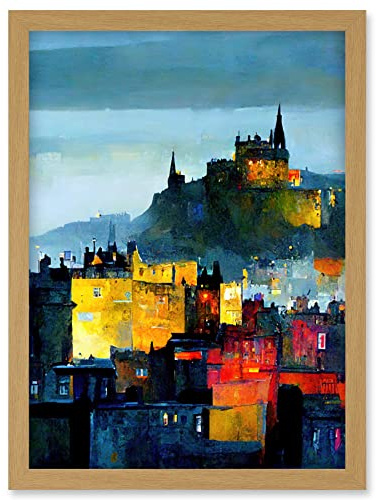 Doppelganger33 LTD Colourful Modern Edinburgh Castle Cityscape Acrylic Painting Artwork Framed Wall Art Print A4