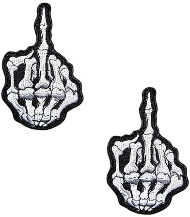 2 Stück Mittelfinger Skelett Schädel Bestickt Aufnäher Patch, Middle Finger Fxxk Aufnähen Patch für Bikers Moto Jeans Jacken Kleidung Taschen Rucksack Uniform