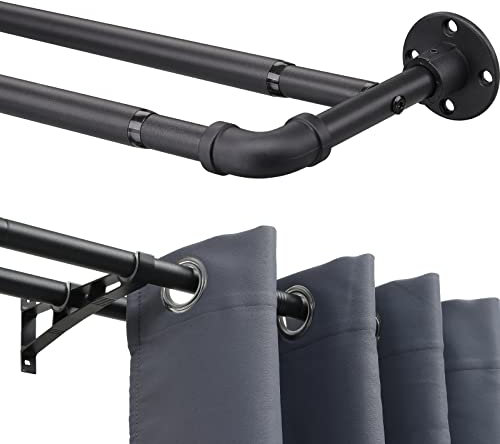 INFLATION Industrielle Doppel-Gardinenstangen, mattschwarze Vorhangstangen für Fenster 74-163 cm, 2,5 cm umlaufende doppelte Vorhangstangen für Fenster, für Wohnzimmer