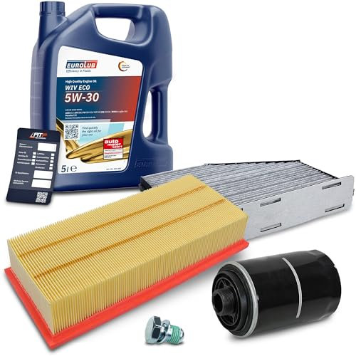 BESTPRICE Inspektionspaket Filterset mit 1x Ölfilter, 1x Luftfilter, 1x Innenraumfilter (Aktivkohle), 1x Ölablassschraube mit Dichtring, 1x Motoröl 5W-30 EUROLUB WIV ECO SAE 5 l