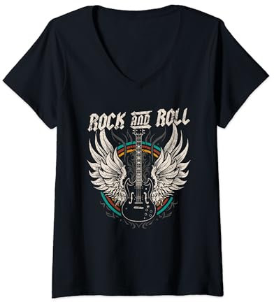 Damen Rock and Roll Gitarre Vintage Rock Music T-Shirt mit V-Ausschnitt