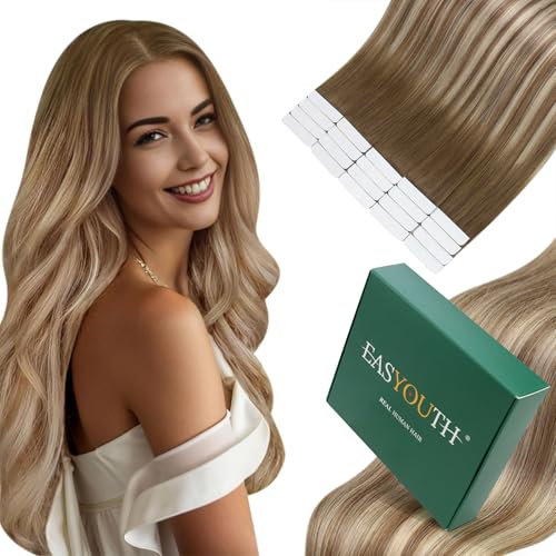 Easyouth Echthaar Extensions Tape Ombre Blond Echthaar Tape in Extensions Balayage Dunkelbraun Aschbraun Mittelblond Unsichtbar Tape Extensions Echthaar für Frauen 55 cm #3/8/22 50g 20Pcs