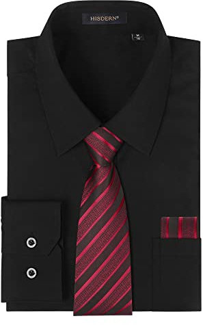 HISDERN Men's Black Shirts Long Sleeve Smart Formal Plain Dress Shirt and Tie Set Business Casual Wedding Regular Fit L