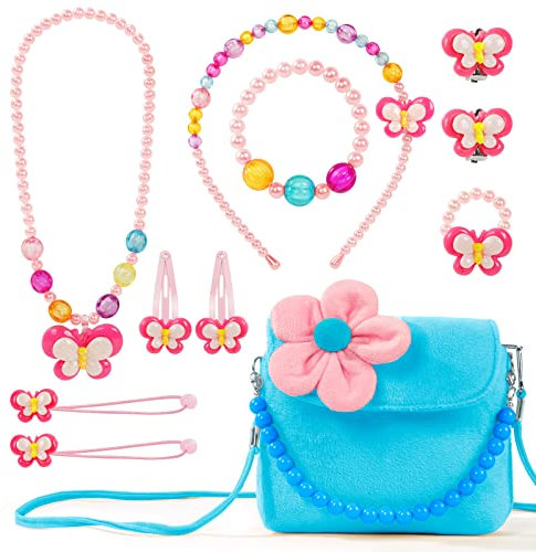 OSDUE Kleine Mädchen Plüsch Handtaschen, Schmuckset für Mädchen, Kette Halskette Armband Ring Schmuckset, Süße Plüsch Handtasche für Party Geschenk(Blau)