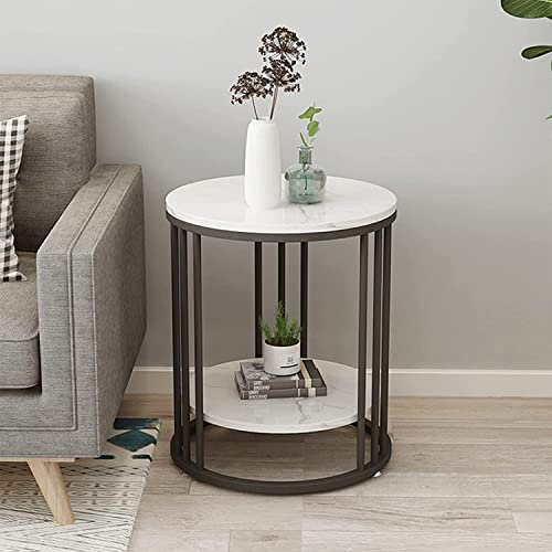 Table d'appoint, Table Basse Ronde Moderne en Faux marbre avec Dessus de Table Basse Table de Chevet Moderne avec étagère de Rangement à 2 Niveaux, Noir