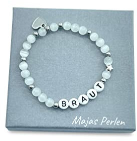 Majas Perlen Armband Braut - Cateyeperlen Weiß und Edelstahl Farbe wählbar - Geschenk Trauzeugin Team Braut JGA Andenken an Hochzeit Frage Trauzeugin - Handmade Personalisierbar