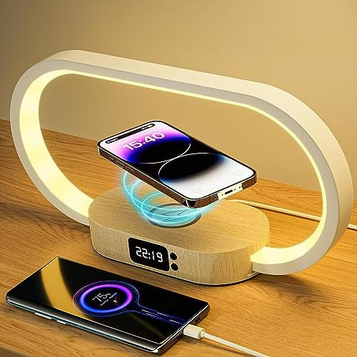 Lamp Wireless Charging, Touch Control LED Table Lamp Dimmable for Bedroom USB Night Light with 5 Colors Temperatures and Clock Wooden Nightstand Lamp Modern Desk Lamp