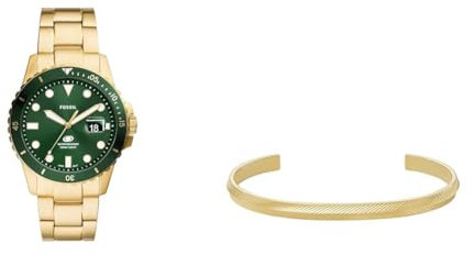 Fossil Herrenuhr Blue Dive und Armband Harlow, goldfarbener Edelstahl, Set