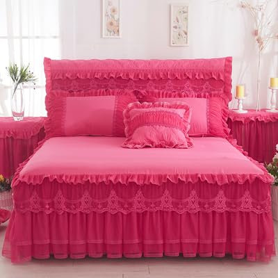 Lace Princess Bed Skirt, Bed Cover Single Piece Bed Cover Bed Cover Lace Non slip Fitted Sheet(120cmx200cm bed skirt, Rose)