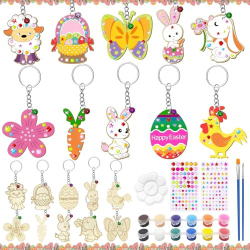 Shinybox Ostern Schlüsselanhänger, 47 Stück Ostern Holz zum Malen, Osterhase Kinder Bastelsets, Ostern Handwerk Holz Ornamente, Osterdekoration, Ostern DIY Dekor für Kinder Frühling Dekoration