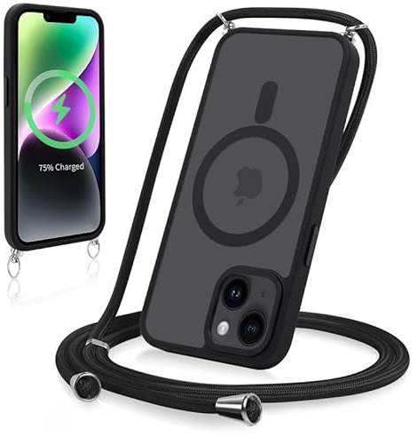 Yoedge Magnétique Coque pour iPhone 15 Plus 6,7 avec Cordon, Compatible avec MagSafe, Étui Mat Translucide Rigide PC + TPU Bumper Antichoc Protection Housse avec Réglable Collier Laniere Case, Noir