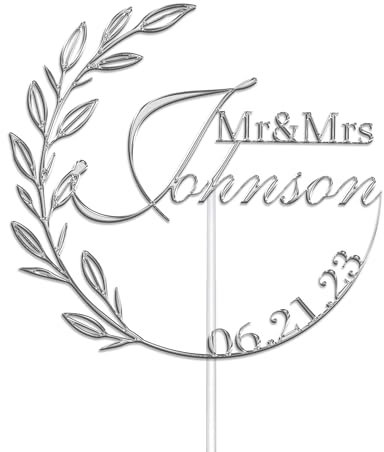 Personalised Acrylic Wedding Cake Topper by KreateSquare - Mr and Mrs Rustic Design - Customisable with Any Name and Date, Custom Colour – Wedding Cake Decoration (Silver)