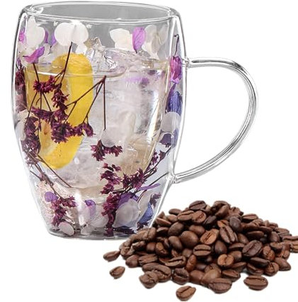Tasse à café en verre transparent à motif de fleurs sèches de 350 ml, tasses à café isothermes avec double couche, tasses à expresso décoratives en verre à fleurs séchées, tasse à café esthétique pour