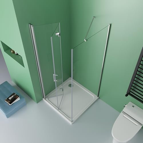 DOOLEEWEE 90 x 90 cm Eckeinstieg Duschkabine Falttür Duschtür mit Seitenwand Duschwand Duschabtrennung Glas aus 6mm ESG, Nanobeschichtung,Ohne Duschwannen,90x90(Seitenwand) x195cm