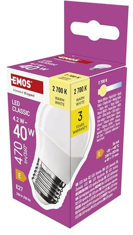 EMOS LED Lampe Mini Globe, 4,2W Ersatz für 40W Glühbirne, kleine Birne mit E27 Sockel, Helligkeit 470 lm, Warmweiß 2700 K, 30000 h Lebensdauer, CRI min. 80, 150° Abstrahlwinkel