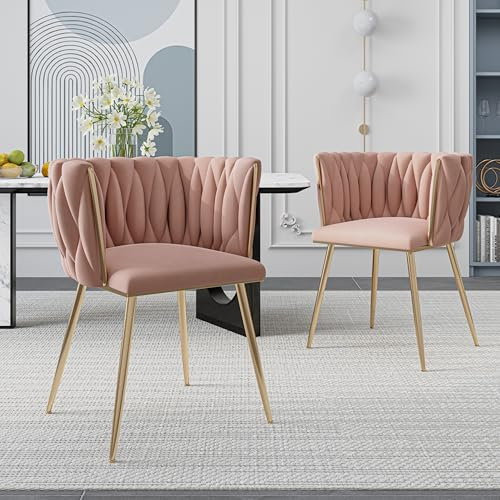 AUKWIK Esszimmerstühle 2er Set Polsterstuhl Wohnzimmer-Sessel Samt Samtrücken und Sitzkissen Metallbeine Moderner Küchenstuhl, Stuhl Esszimmer,Hellrosa