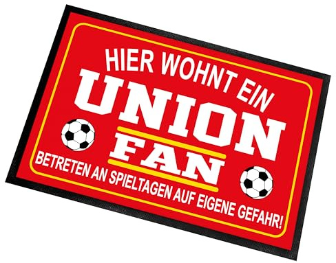 Herzbotschaft Fußmatte für Fußball Fans | Türmatte mit Spruch | 60x40cm | Hier wohnt EIN Union Fan - Betreten an Spieltagen auf eigene Gefahr! | für innen und außen | Vorleger für die Haustür/Flur