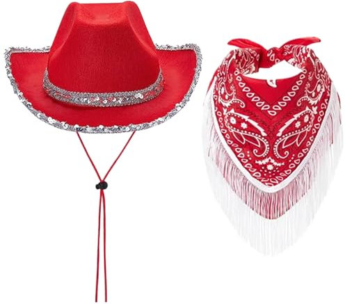 Frauen Cowboyhut, Pailletten Cowgirl Hat mit Nackenschal, roter Cowboyhut, Cowgirl -Hüte für Frauen Halloween
