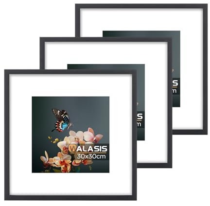 Walasis Bilderrahmen 30x30 Quadratisch Schwarz mit Passepartout: 3er Set Holz Rahmen für Foto Poster - MDF Fotorahmen mit Acrylglas