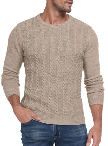 Hisir Mens Cable Knit Jumper UK Thick Crew Neck Pullover Winter Warm Long Sleeve Sweater (Khaki, L)