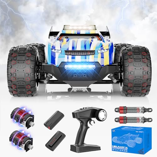 EVARY Ferngesteuertes Auto 1:16 Bürstenloser Motor 60+ km/h, 4WD RC Monstertruck mit Farbiges Licht, 2 Akku, 2.4-GHz All-Terrain Rennauto, Crawler Spielzeug Geschenk für Kinder