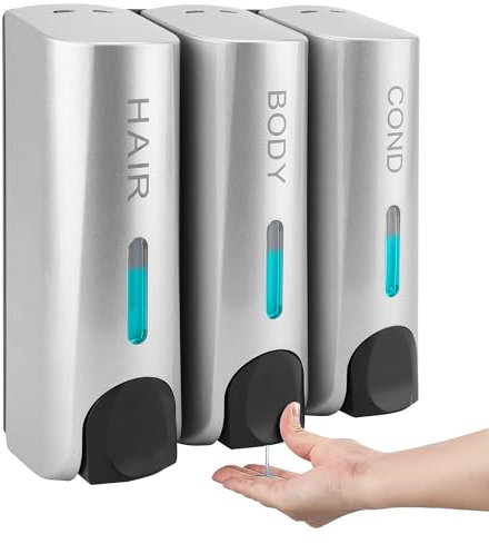 MEKOTRIN Dispenser di Sapone Liquido, Dispenser Manuale per Sapone da Cucina da 350 ml x 3, Dispenser da Parete per Disinfettante per Mani, Sapone, Shampoo e Balsamo per Bagno e Cucina, Argento