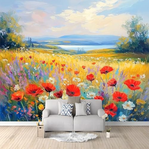 Papier Peint Panoramique Champ De Fleurs Rouge Peint 250x175 cm Papier Peint Intissé Mural, Poster Geant Mural 3D, pour Salon Chambre d'enfants restaurant Décoration Murale