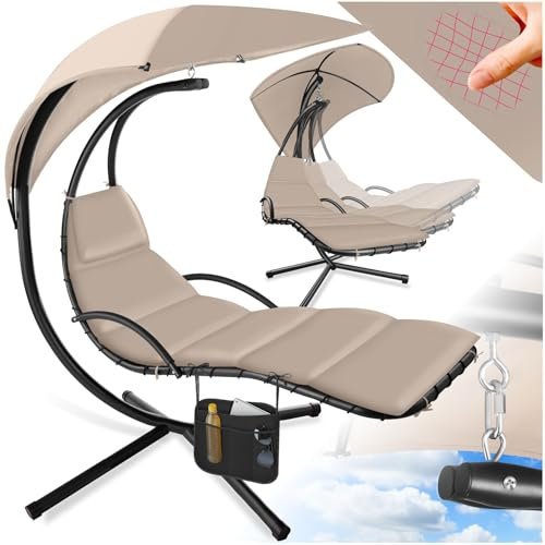 tectake® Hängeliege mit Gestell, Schwebeliege, Schwingliege mit Sonnendach, Schaukelliege, Hängesessel inkl. Tasche, Polsterauflage mit Kopfkissen, für Garten, Terrasse und Balkon - beige