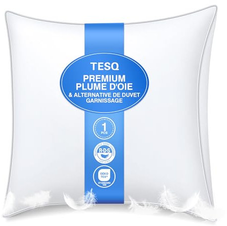 TESQ Oreiller en Plumes de Luxe 65x65 cm avec Triple Couche de Confort, Premium d'oreiller Confort Coussin en Duvet Hygiénique, Remplissage Doux 100% Moelleux Oreiller, Lavable et Respectueux