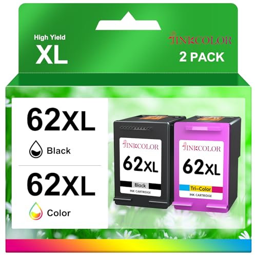 JINKCOLOR 62XL Druckerpatronen Wiederaufbereitet für HP 62 Druckerpatronen für HP Envy 7640 5540 5640 5544 5545 5646 5548,HP OfficeJet 200 250 5740 5742(62 62XL Schwarz,62XL Farbe)