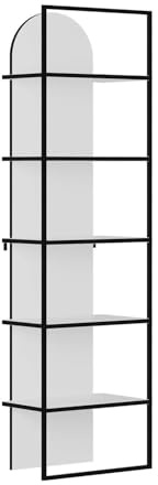 FWStyle Matt White Finish Archy Bookcase with Arched Top, Modern Open Display Shelf with Black Metal Frame, Tall Slim Storage Unit for Living Room, Bedroom or Home Office H180cm