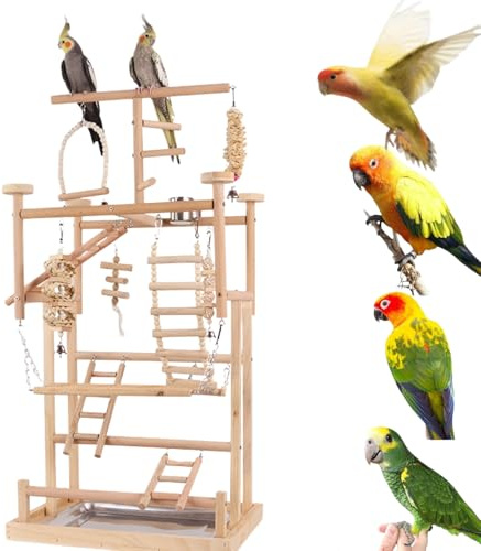 GOVNPJ Papageien-Spielständer – Großer Vogel-Spielständer aus Holz mit Futterbechern, Leiter und Glocken – 43 x 30 x 89 cm Vogelspielplatz für Papageien, Nymphensittiche und kleine Vögel