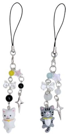 AIRHSKWI Handyanhänger mit Cartoon-Katze, Stern, Schleife, bunt, Perlen, Schlüsselanhänger, Taschenanhänger, handgefertigtes Accessoire für Taschen und Geldbörsen, Stoff / Federn