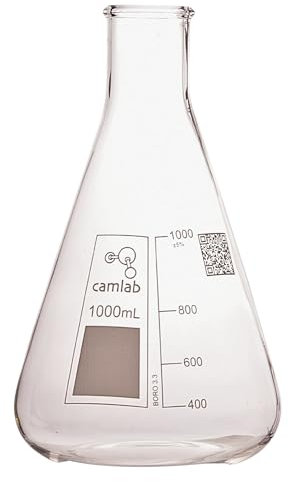Camlab Graduated 3,3 Borosilicate Glass Erlenmeyer Flask, With Narrow Mouth, Conical Flask, Chemically Resistant and Heat Resistant, 1000ml Glass Beaker, Pack of 1