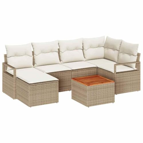 vidaXL Garten-Sofa-Set mit Kissen 7 pcs Beige Poly Rattan, Moderne Garten-Sofa-Ecke, rechteckig, wetterfest, mit verstellbaren Füßen, Rattan-Möbel, Lounge für den Garten