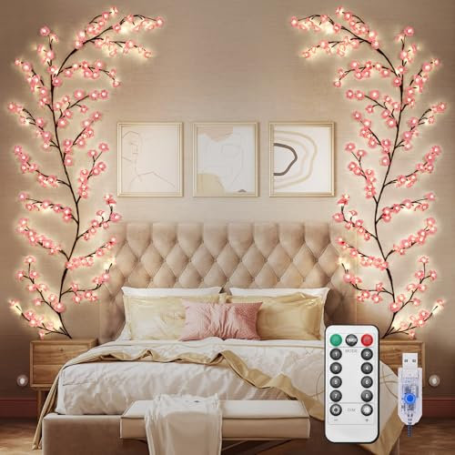 BomKra Kirschblüten Lichterkette Wanddeko - 96 LEDs Lichterkette Willow Vine mit Fernbedienung, 8 Modi, USB-Betriebene Timer, Kirschblütenbaum Wand für Wohnzimmer Deko (Hellrosa Kirschblüten 96led)