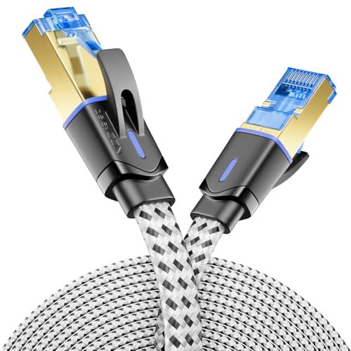 deleyCON 2m Cable de Red Plano CAT8 en Nylon - Conductores de Cobre, 40 Gbps, Apantallado S/FTP, con Conectores RJ45, Compatible con CAT8, CAT7 y CAT6 para Instalaciones Ethernet - Blanco