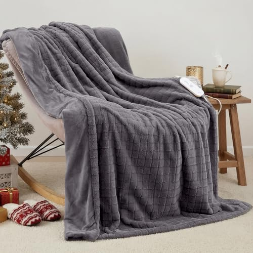 CURECURE Heated Blanket 180x130cm with Faux Rabbit Fur, Grey | Extra Long 180cm Electric Blanket with 4 Heat Levels, 10H Auto Off, Overheat Protection, Machine Washable