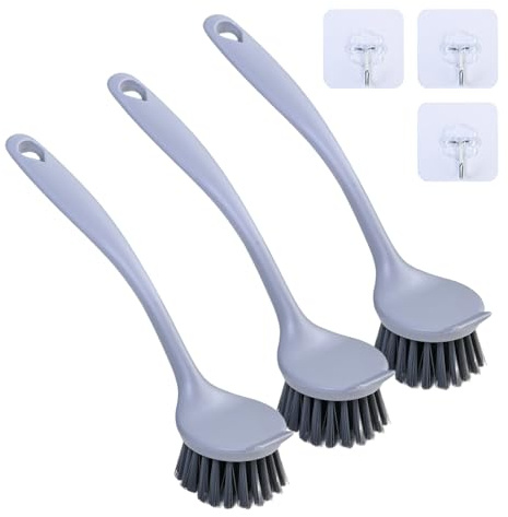 3 Stück Küchenbürsten Spülbürste 2-in-1 mit Schaber, Spülbürsten aus Strapazierfähigem PET-Material 24x5.5x4 cm, Entfernt Eingebrannte Rückstände von Töpfen und Pfannen, Aufhängbar mit 3 Haken