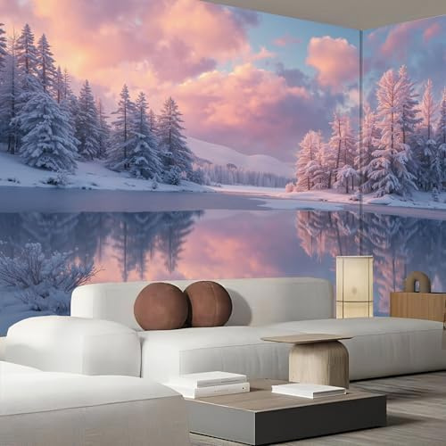 Fototapete 3D Effekt Dekoration Wandbild, Zugefrorener See Wolken ‎150x105cm (B×H) Seidenstoff Tapete Wandtapeten - 260g/m2 Fototapete Winterlandschaft Panorama Wanddeko, Rosa