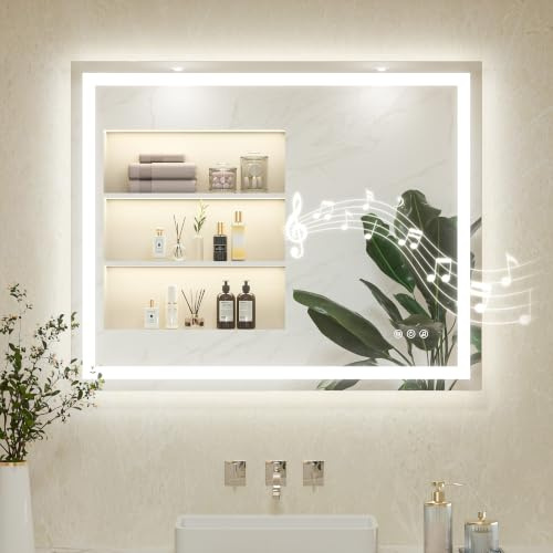 Keonjinn 100x80cm Bluetooth Bathroom Mirror with LED Lights, Antifog Vanity Mirror with Lights Back and Front Lit 3 Colour Dimmable Illuminated Wall Mounted Rectangle Digital Mirrors