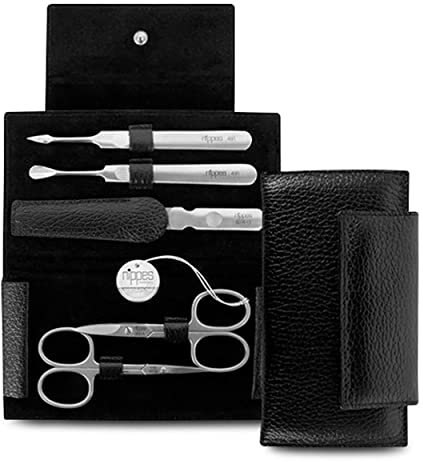 nippes Solingen Premium Line Maniküre Set Leone, 5-teilig, Edelstahl rost- und nickelfrei, Rindsleder-Etui mit Druckknopf, Schwarz, Nagelset, Nagelpflege Set, Made in Germany