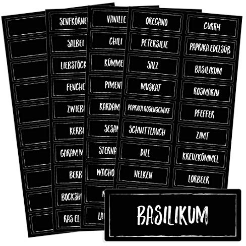 Chroma Products Gewürzetiketten selbstklebend - 76 Schwarze Gewürzaufkleber in Kreideschrift-Optik - Aufbewahrung für Regale oder Dosen - beschriftet, wasserfest, 5,2 x 2,0 cm
