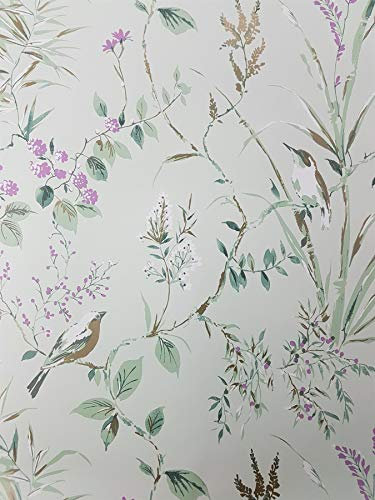 Floral Birds Wallpaper Mint Plum Metallic Flower Shimmer Y�L Mariko