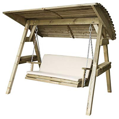 Parcel in the Attic - 2 Seat Wooden Garden Swing Chair with Canopy & Cream Stone seat & back Pad - Hammock Bench Furniture Lounger - 10 year warranty against Rot