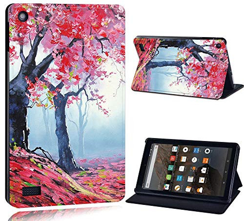 FINDING CASE For Amazon Fire 7 (5th 7th 9th Generation) Tablet - Printed PU Flip Leather Smart Lightweight Shell Stand Cover Case for Fire 7 (5th 7th 9th Generation) (red tree paint)