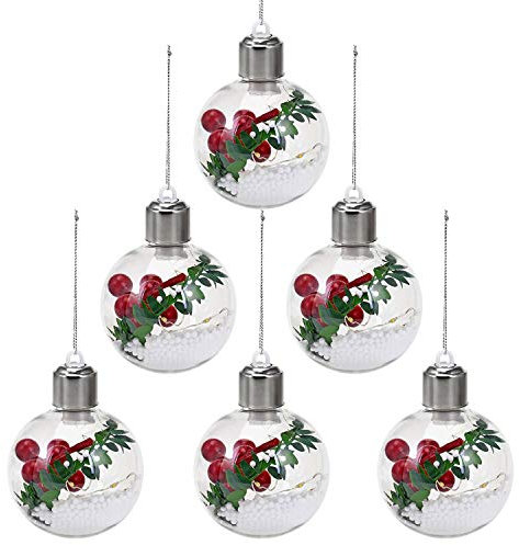 Sentik 6 Pack Light Up Round Christmas Tree Baubles 5 Warm White Micro LED Lights Hanging Xmas Tree Decorations Clear Transparent Ball with Faux Snow Decoration