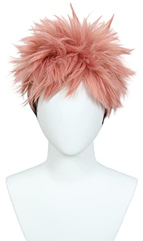 Linfairy Short Pink Black Anime Cosplay Wig Halloween Cosplay Party Wigs for Men