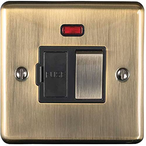 13A DP Switched Fuse Spur & Neon Light -ANTIQUE BRASS & Black Trim- 240V Mains Isolation - Decorative Kitchen/Interior Wall Face Plate – Oven/Cooker/Hob Appliance On/Off Switch